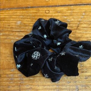 Black Velvet Scrunchie with Silver Embroidered Stars